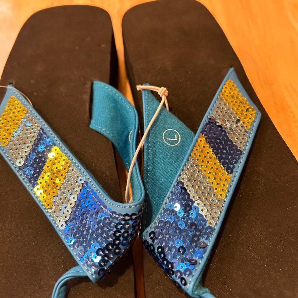 Brand New Thong Sandals with Colorful Sequins (Size Large 9/10)